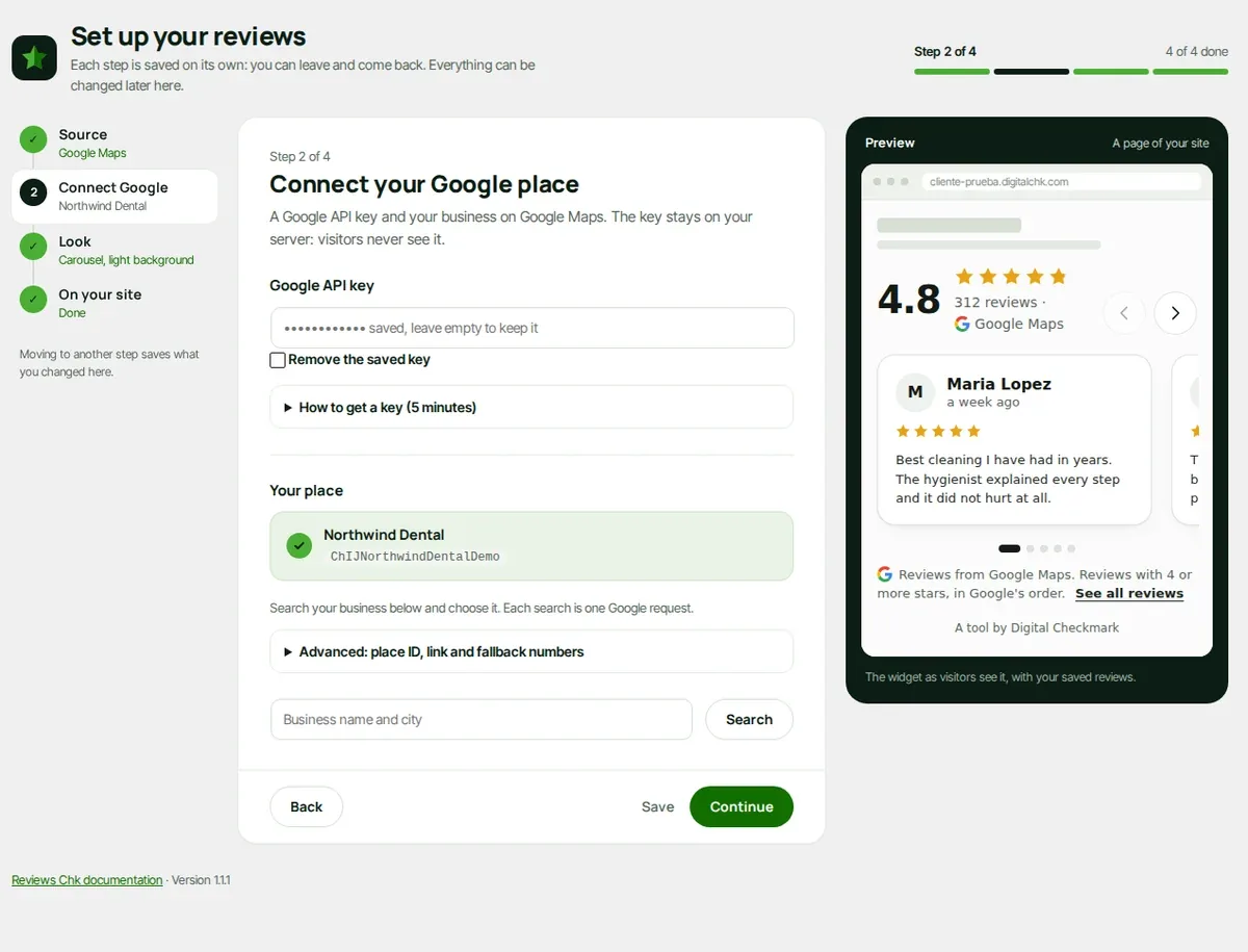 The Reviews Chk setup assistant connecting a Google business.
